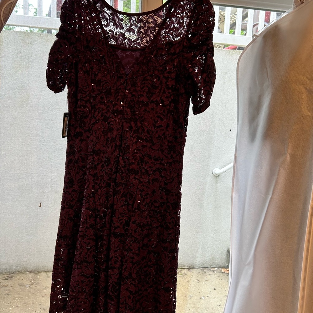 MARINA Purple Scoop Neck Puff Sleeve Gown